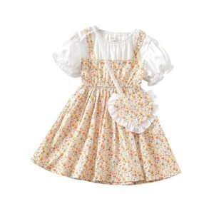 Short Sleeve All Over Flower Printed Square Neck Baby Girl Frock with Knee-Length and A-Line Style (Yellow)