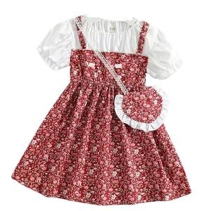 Short Sleeve All Over Flower Printed Square Neck Baby Girl Frock with Knee-Length and A-Line Style (Maroon)