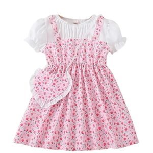 Short Sleeve All Over Flower Printed Square Neck Baby Girl Frock with Knee-Length and A-Line Style (Pink)
