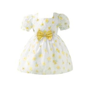 Girls Floral Jacquard Knee Length Party Frock Dress Short Sleeves, Zipper Closure, Elegant Flower Print, Kids Birthday & Special Occasion Wear (Yellow)
