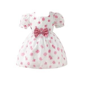 Girls Floral Jacquard Knee Length Party Frock Dress Short Sleeves, Zipper Closure, Elegant Flower Print, Kids Birthday & Special Occasion Wear (Pink)