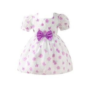 Girls Floral Jacquard Knee Length Party Frock Dress Short Sleeves, Zipper Closure, Elegant Flower Print, Kids Birthday & Special Occasion Wear (Purple)