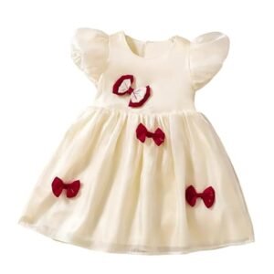 Girls Floral Jacquard Knee Length Party Frock Dress Short Sleeves, Zipper Closure, Elegant Flower Print, Kids Birthday & Special Occasion Wear (Cream)