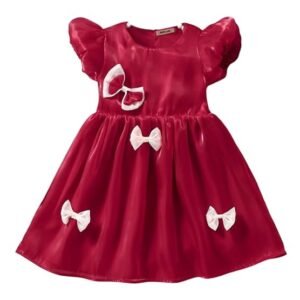 Girls Floral Jacquard Knee Length Party Frock Dress Short Sleeves, Zipper Closure, Elegant Flower Print, Kids Birthday & Special Occasion Wear (Red)
