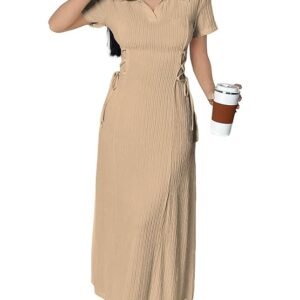 Women’s Solid Color Applique Lace-Up Collared Short Sleeve, Side-Tie Waist Long Casual Maxi Women Dress Outfit Long Evening Midi Western Party Dress for Women