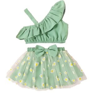 Latest Fancy Stylish Baby Girls Pista Green Crop Top Pure Viscos Cotton With Flower Printed Design Skirts