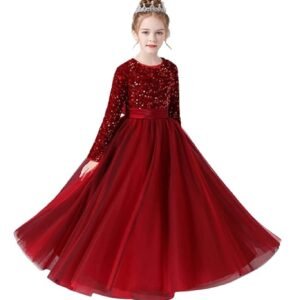 Glitter Sequins Long Sleeves Flower Girls Dresses for Wedding Tulle Birthday Party Christmas Dress for Girl（Red）