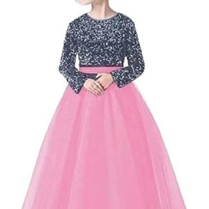 Glitter Sequins Long Sleeves Flower Girls Dresses for Wedding Tulle Birthday Party Christmas Dress for Girl（baby Pink）