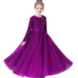 Glitter Sequins Long Sleeves Flower Girls Dresses for Wedding Tulle Birthday Party Christmas Dress for Girl（Purple）