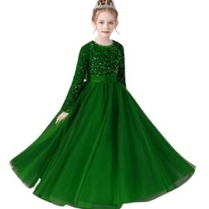 Glitter Sequins Long Sleeves Flower Girls Dresses for Wedding Tulle Birthday Party Christmas Dress for Girl（Green）