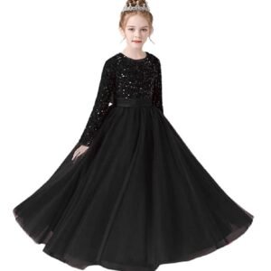 Glitter Sequins Long Sleeves Flower Girls Dresses for Wedding Tulle Birthday Party Christmas Dress for Girl（Black）