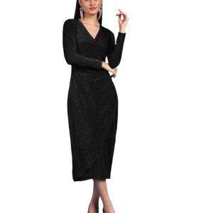 Women's Stylish Casual Evening Textured Full Sleeve V-Neck Bodycon Body Fitted Midi Dress, Maroon