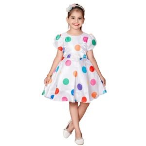 Kids Girls White Polka Dot Frock Dress with Flower Belt | All Occasions Wear Dress For Girls（White）
