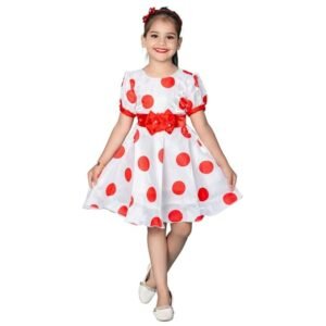 Kids Girls White Polka Dot Frock Dress with Flower Belt | All Occasions Wear Dress For Girls（Red）