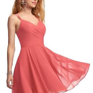 Solid A-Line V-Neck Chiffon Homecoming & Prom Party Dress – Short Ruffle Mini Cocktail Dress with Spaghetti Straps, Back Zip and Lining(Peach)