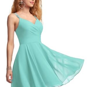 Solid A-Line V-Neck Chiffon Homecoming & Prom Party Dress – Short Ruffle Mini Cocktail Dress with Spaghetti Straps, Back Zip and Lining(Aqua Blue)