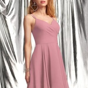 Solid A-Line V-Neck Chiffon Homecoming & Prom Party Dress – Short Ruffle Mini Cocktail Dress with Spaghetti Straps, Back Zip and Lining（Lavender）