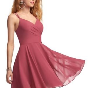 Solid A-Line V-Neck Chiffon Homecoming & Prom Party Dress – Short Ruffle Mini Cocktail Dress with Spaghetti Straps, Back Zip and Lining（Wine）