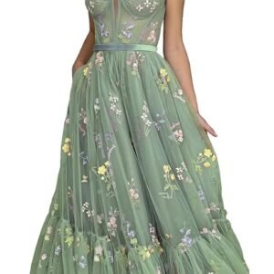 Puffy Sleeve Prom Dresses Flower Embroidery Tulle Backless A-line Lace Formal Evening Party Gown for Women