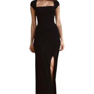 Black Lahariya Print Bodycon Maxi Dress with Square Neck and Front Slit