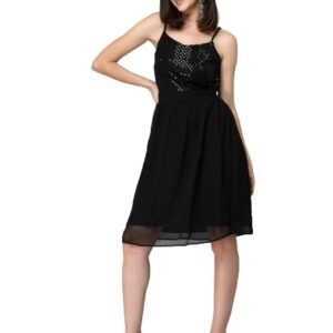 Women Black Sequined Georgette Fit and Flare Evening Prom Dress (Black)