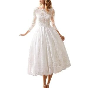 Women Lace Wedding Dresses for Bride,Long Sleeves Bridal Prom Evening Gowns Beach White Dresses, White, M-L