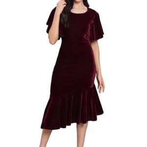 Party Dress for Women Ruffles Sleeves | Shiny Velvet Fabric Fish Cut Ruffle Bottom Detailing Stylish Casual Outfit