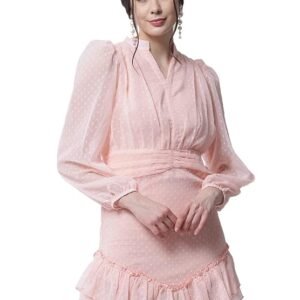 Peach Lantern Sleeve Layer Hem Mesh Prom Dress