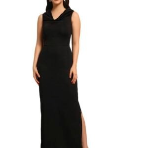 Sleeveless Party Dress for Women with Side Slits | Shiny Lycra Cowl Neck Bodycon Maxi Length Outfit(Black)
