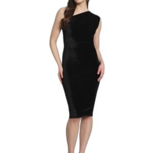 One Shoulder Party Dress for Women Bodycon | Shiny Velvet Back Slit Stylish Outfit(Black)