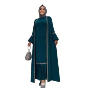 Women's Traditional Burqa, Long Bell Sleeves, Embellished Trim, Teal Green
