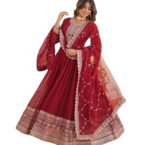 Girl's Fashion Hub's Traditional Maroon Anarkali Dress with Gold Embroidery, Full Length Gown with Dupatta, Wedding