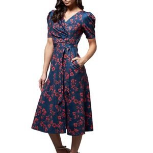 Women's Multicolored-Base-Blue V-Neck Pleated Puff Sleeve Floral Wrap Midi Polyester Dress (Multicolored Base-Teal)