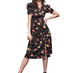 Women's Multicolored-Base-Blue V-Neck Pleated Puff Sleeve Floral Wrap Midi Polyester Dress (Multicolored-Base-Black)