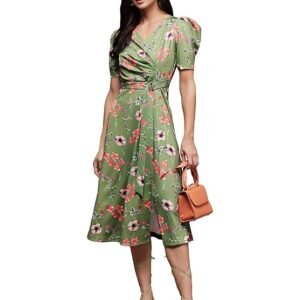 Women's Multicolored-Base-Blue V-Neck Pleated Puff Sleeve Floral Wrap Midi Polyester Dress (Multicolored-Base-Green)