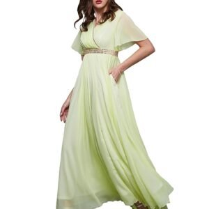 Women's V-Neck Flared/Bell Sleeves Fit & Flare Maxi Dress (Lemon Yellow)