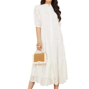 Women Self Design Mandarin Collar Puff Sleeve Cotton A-Line Dress | Stylish One Piece Dress for Women | Perfect Long Dress for Casual, Party