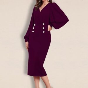 Women Bodycon Sweatheart Neck Lantern Sleeve one Piece Bodycon Midi Dress | Dress for Women (Wine)
