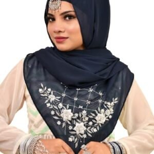 Luxury Bridal Hijab Scarf With Handwork（Navy Blue）