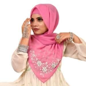 Luxury Bridal Hijab Scarf With Handwork（Pink）