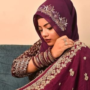 Luxury Bridal Hijab Scarf With Handwork（Purple）