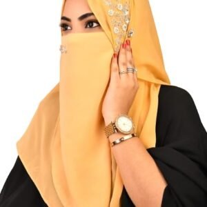 Luxury Bridal Hijab Scarf With Handwork Naqab Wear For Party And Any Occesion (Golden)
