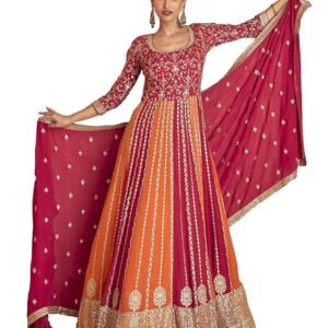 Women's Pink Chinon Stitched Gown with Dupatta 3/4 Sleeve Embroidered Anarkali Gown (ME-1231)