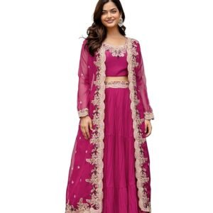 Women's Soft Organza Embroidery Crop Top with Flared Pleated Skirt and Shrug Set