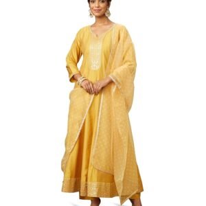 Women's Embroidered Anarkali Kurta Pant Set with Organza Dupatta | Viscose,Rayon | Marigold Yellow