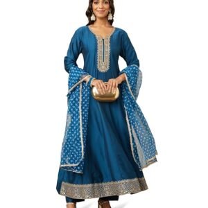 Women's Embroidered Anarkali Kurta Pant Set with Organza Dupatta | Viscose,Rayon | Teal Blue