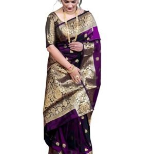 Women's Banarasi Silk Saree with Intricate Gold Zari Weaving & Unstitched Blouse Piece – Traditional Indian Wedding Attire（Mahi Wine）