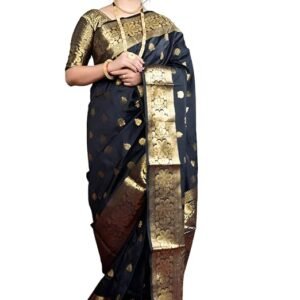 Women's Banarasi Silk Saree with Intricate Gold Zari Weaving & Unstitched Blouse Piece – Traditional Indian Wedding Attire（Mahi Black）