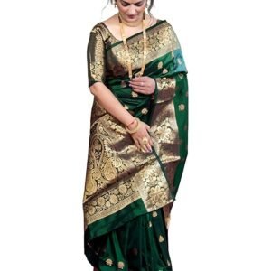 Women's Banarasi Silk Saree with Intricate Gold Zari Weaving & Unstitched Blouse Piece – Traditional Indian Wedding Attire（ Mahi Green）