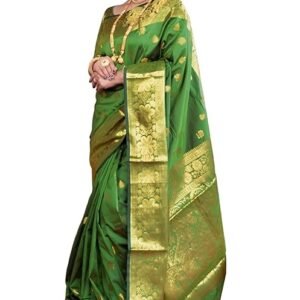Women's Banarasi Silk Saree with Intricate Gold Zari Weaving & Unstitched Blouse Piece – Traditional Indian Wedding Attire（ Mahi Parot）